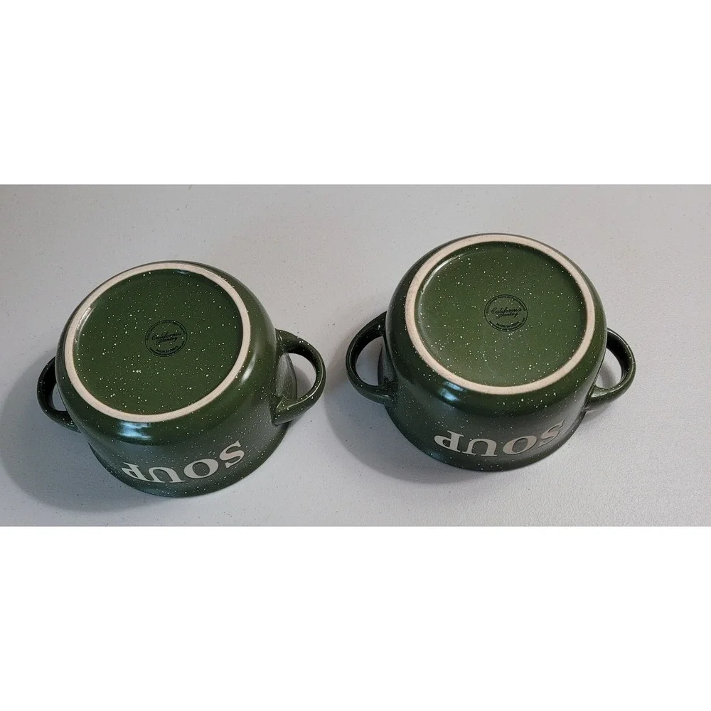 California Pantry Soup Bowls Green Speckled Ceramic Double Handle Set of 2 OS